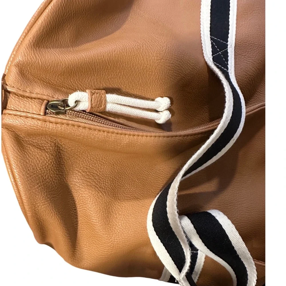Tan Faux Leather Duffle Bag Striped Webbing Handles Weekend Travel Gym Bag